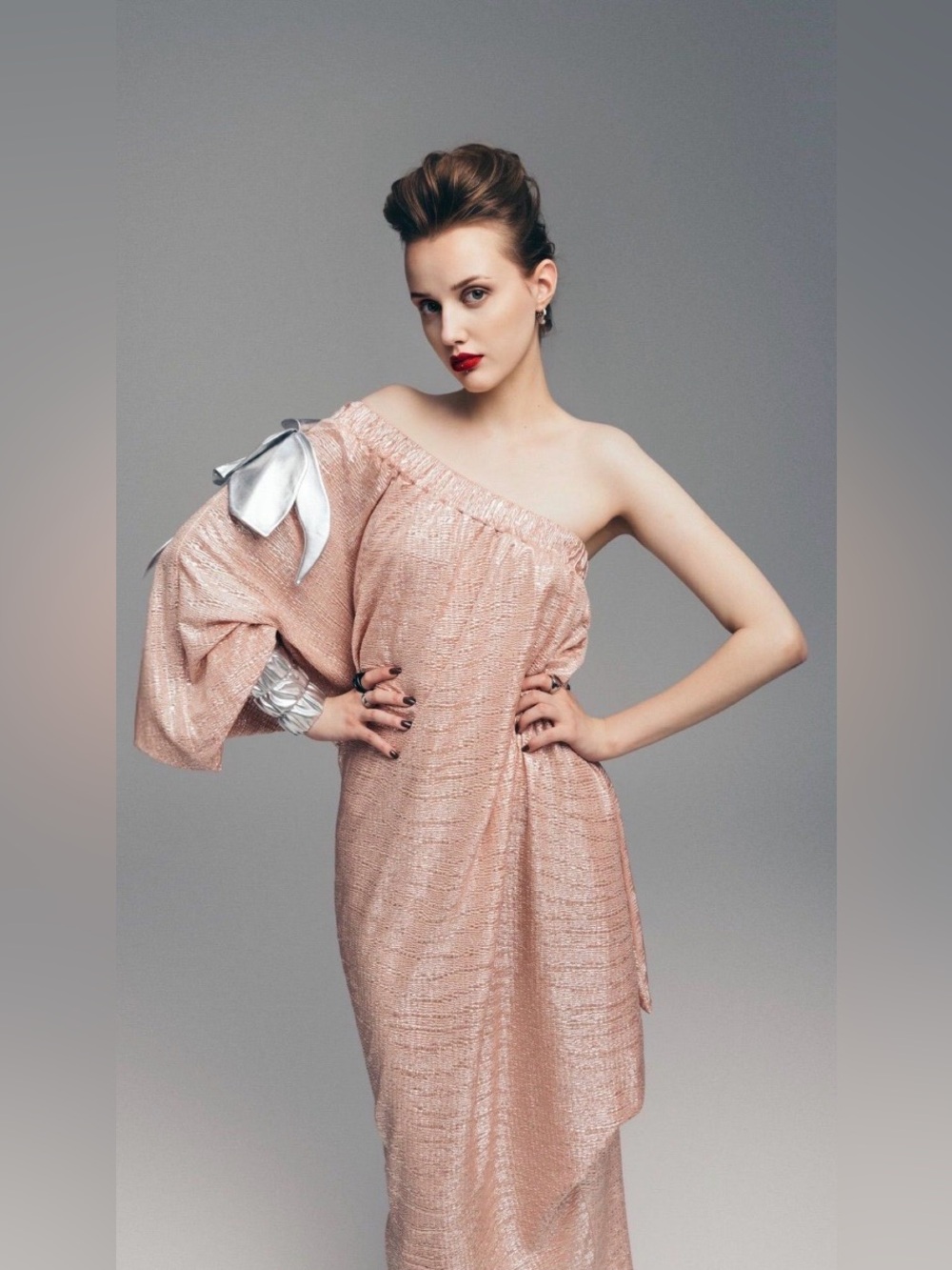 One-Shoulder Blush Metallic Dress with Silver Bow Accent
